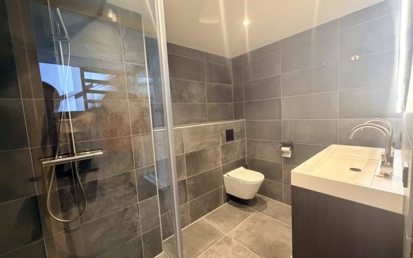 Betonlook badkamer met inloopdouche, hangtoilet en brede wastafel in Woensel