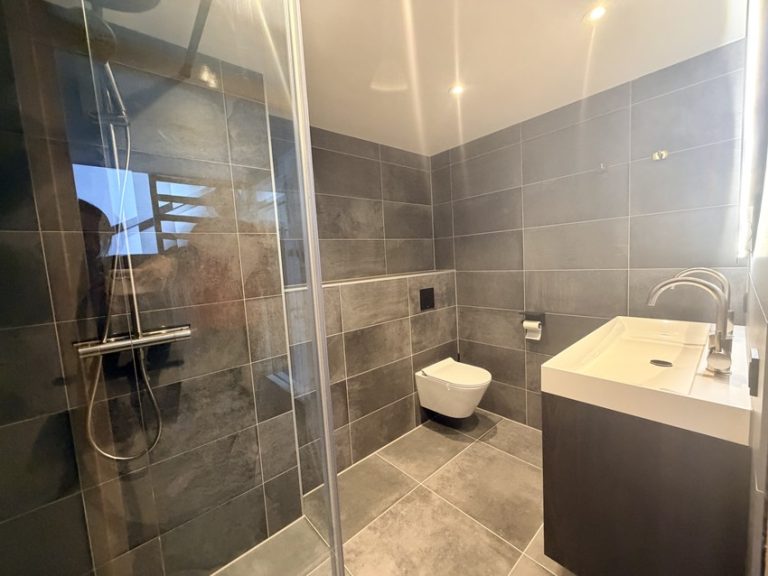Betonlook badkamer met inloopdouche, hangtoilet en brede wastafel in Woensel